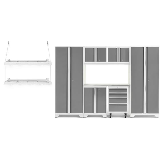 NewAge Products Bold Series Platinum 9 Piece Cabinet Set, Heavy Duty 24-Gauge Steel Garage Storage System, LED Lights / Wall Mounted Shelf Included