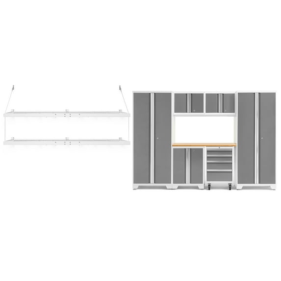 NewAge Products Bold Series Platinum 9 Piece Cabinet Set, Heavy Duty 24-Gauge Steel Garage Storage System, LED Lights / Wall Mounted Shelf Included