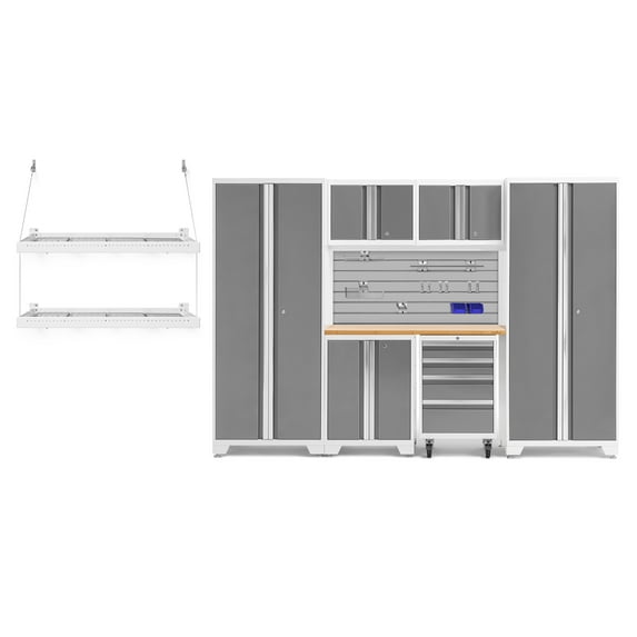 NewAge Products Bold Series Platinum 9 Piece Cabinet Set, Heavy Duty 24-Gauge Steel Garage Storage System, Slatwall / Hook Kit / Pro Wall Mounted Shelf Included