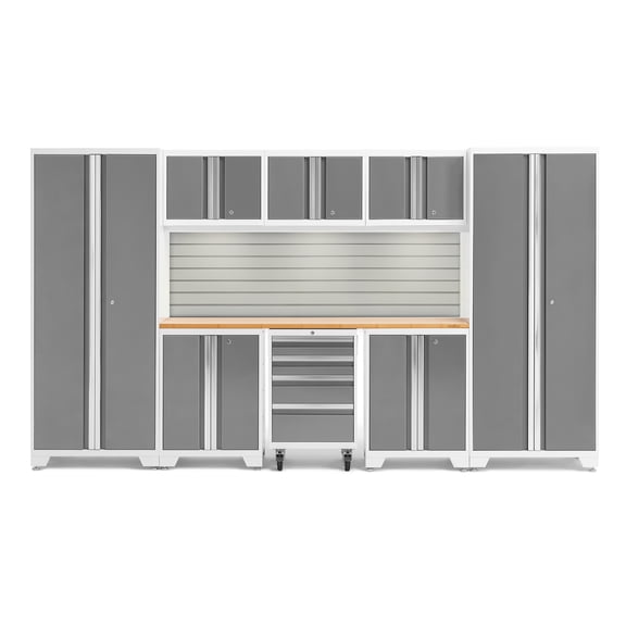 NewAge Products Bold Series Platinum 9 Piece Cabinet Set, Heavy Duty 24-Gauge Steel Garage Storage System, Slatwall / LED Lights Included