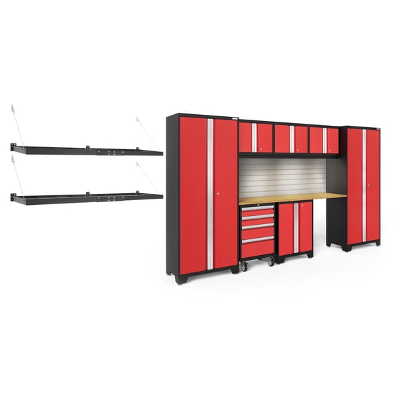 NewAge Products Bold Series Red 10 Piece Cabinet Set, Heavy Duty 24-Gauge Steel Garage Storage System, LED Lights / Slatwall / Wall Mounted Shelf Included