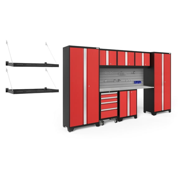 NewAge Products Bold Series Red 10 Piece Cabinet Set, Heavy Duty 24-Gauge Steel Garage Storage System, Slatwall / Hook Kit / Pro Wall Mounted Shelf Included