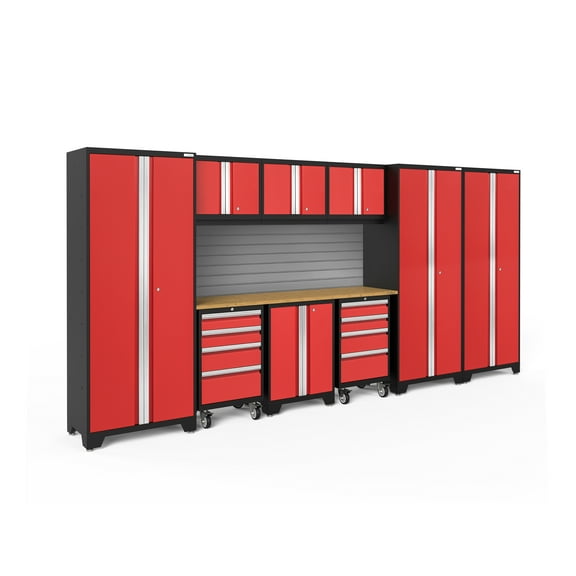 NewAge Products Bold Series Red 10 Piece Cabinet Set, Heavy Duty 24-Gauge Steel Garage Storage System, Slatwall Included
