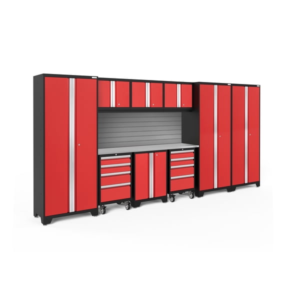 NewAge Products Bold Series Red 10 Piece Cabinet Set, Heavy Duty 24-Gauge Steel Garage Storage System, Slatwall Included