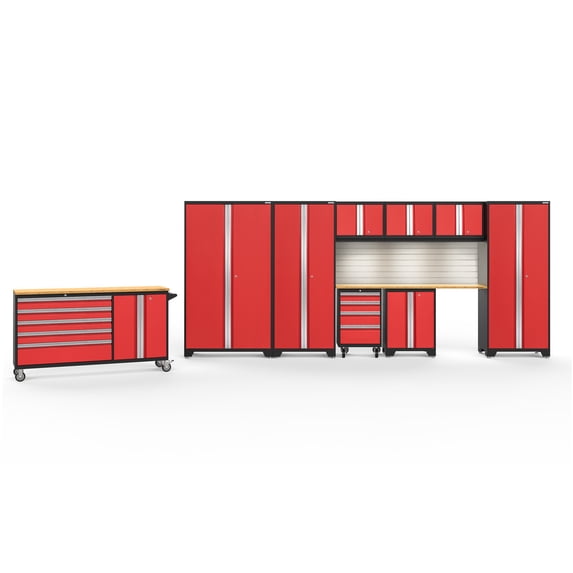 NewAge Products Bold Series Red 10 Piece Cabinet Set, Heavy Duty 24-Gauge Steel Garage Storage System, Slatwall / LED Lights Included
