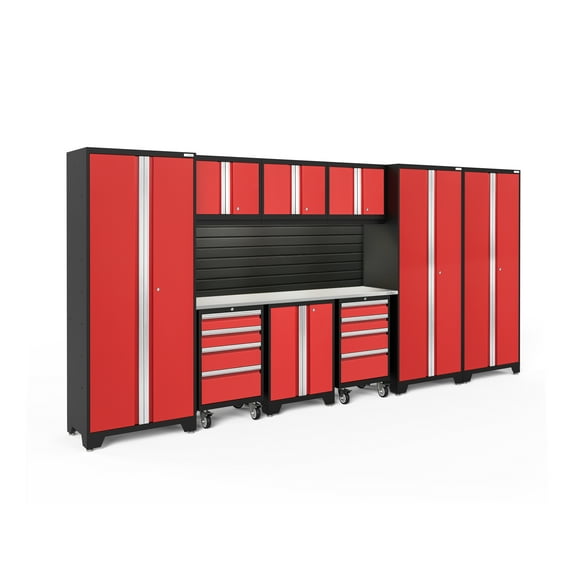 NewAge Products Bold Series Red 10 Piece Cabinet Set, Heavy Duty 24-Gauge Steel Garage Storage System, Slatwall / LED Lights Included