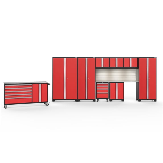 NewAge Products Bold Series Red 10 Piece Cabinet Set, Heavy Duty 24-Gauge Steel Garage Storage System, Slatwall / LED Lights Included