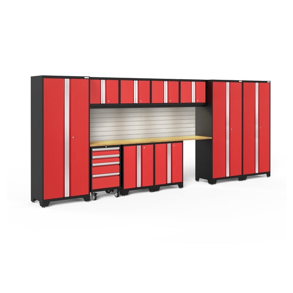 NewAge Products Bold Series Red 12 Piece Cabinet Set, Heavy Duty 24-Gauge Steel Garage Storage System, Slatwall / LED Lights Included