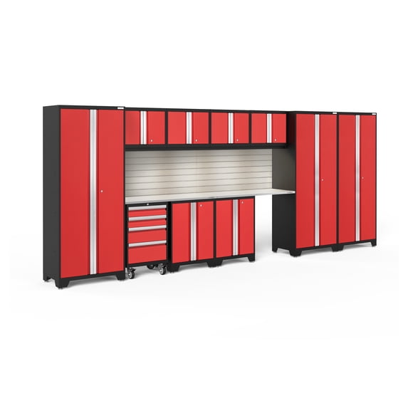 NewAge Products Bold Series Red 12 Piece Cabinet Set, Heavy Duty 24-Gauge Steel Garage Storage System, Slatwall / LED Lights Included