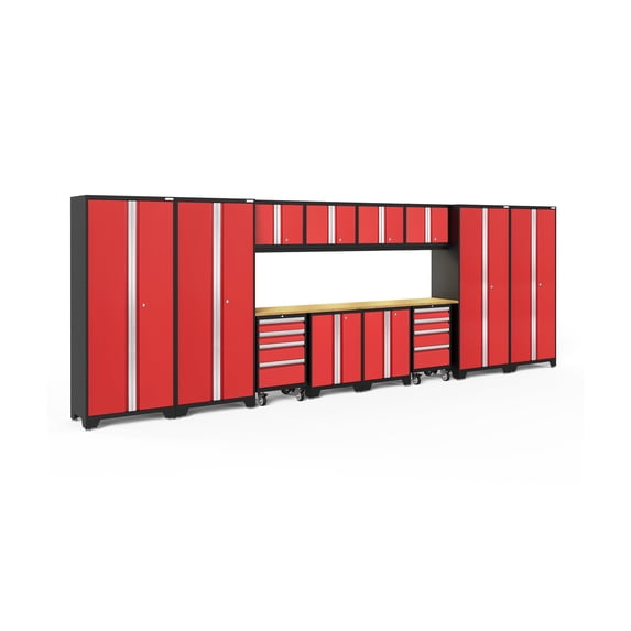 NewAge Products Bold Series Red 14 Piece Cabinet Set, Heavy Duty 24-Gauge Steel Garage Storage System, LED Lights Included