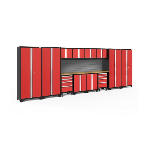 NewAge Products Bold Series Red 14 Piece Cabinet Set, Heavy Duty 24-Gauge Steel Garage Storage System, Slatwall Included