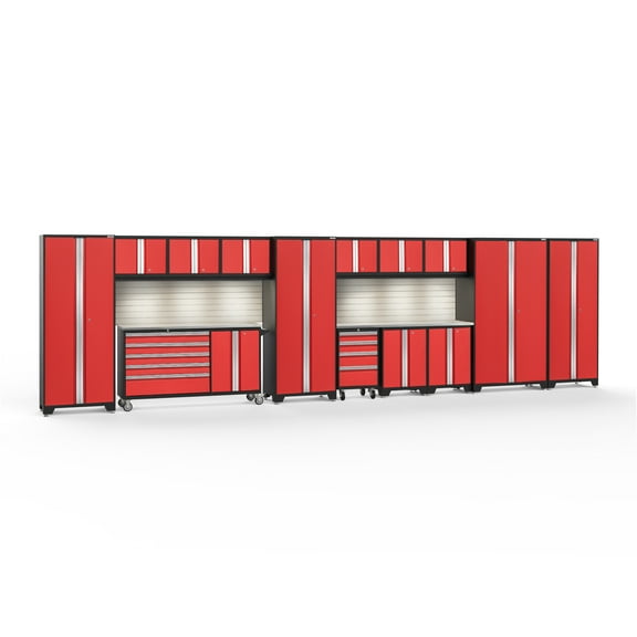 NewAge Products Bold Series Red 15 Piece Cabinet Set, Heavy Duty 24-Gauge Steel Garage Storage System, Slatwall / LED Lights Included