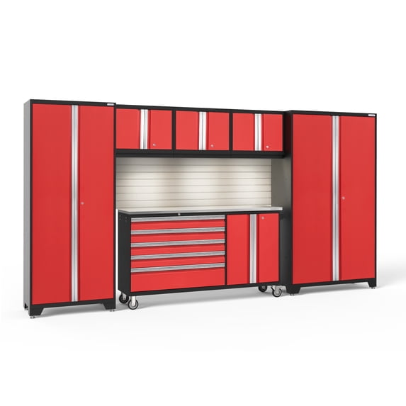 NewAge Products Bold Series Red 6 Piece Cabinet Set, Heavy Duty 24-Gauge Steel Garage Storage System, Slatwall / LED Lights Included