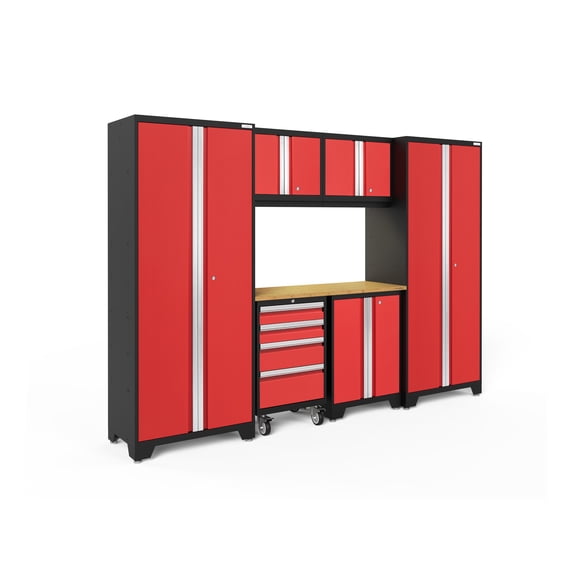 NewAge Products Bold Series Red 7 Piece Cabinet Set, Heavy Duty 24-Gauge Steel Garage Storage System, LED Lights Included