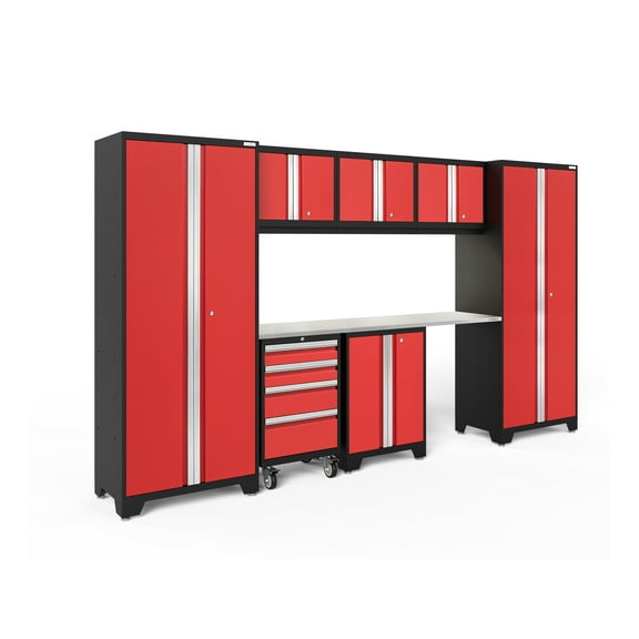 NewAge Products Bold Series Red 8 Piece Cabinet Set, Heavy Duty 24-Gauge Steel Garage Storage System, LED Lights Included