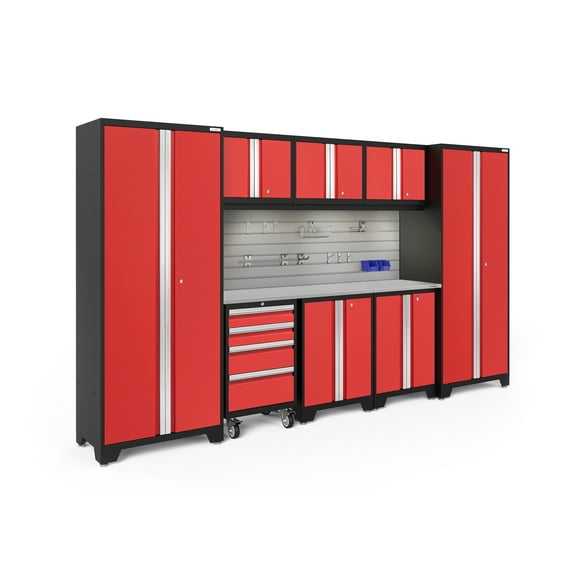 NewAge Products Bold Series Red 9 Piece Cabinet Set, Heavy Duty 24-Gauge Steel Garage Storage System, Includes LED Lights / Slatwall / Hook Kit