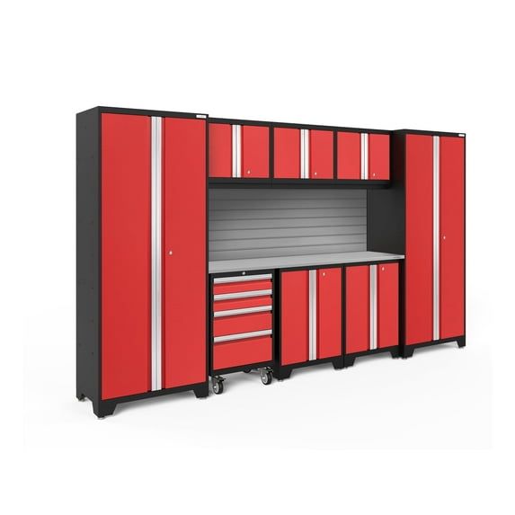 NewAge Products Bold Series Red 9 Piece Cabinet Set, Heavy Duty 24-Gauge Steel Garage Storage System, Slatwall Included