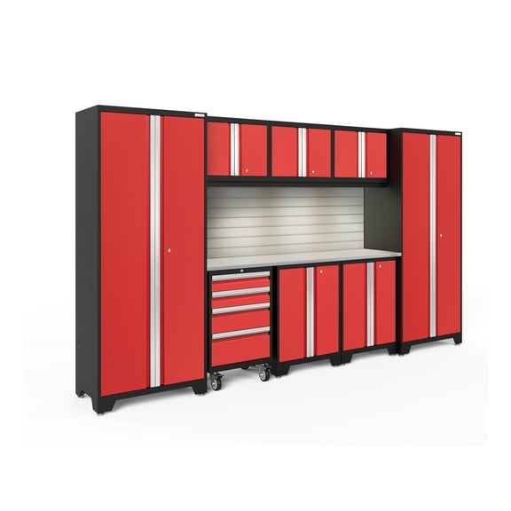 NewAge Products Bold Series Red 9 Piece Cabinet Set, Heavy Duty 24-Gauge Steel Garage Storage System, Slatwall / LED Lights Included
