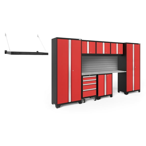 NewAge Products Bold Series Red 9 Piece Cabinet Set, Heavy Duty 24-Gauge Steel Garage Storage System, Slatwall / Wall Mounted Shelf Included