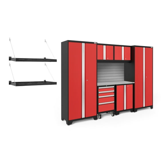 NewAge Products Bold Series Red 9 Piece Cabinet Set, Heavy Duty 24-Gauge Steel Garage Storage System, Slatwall / Wall Mounted Shelf Included