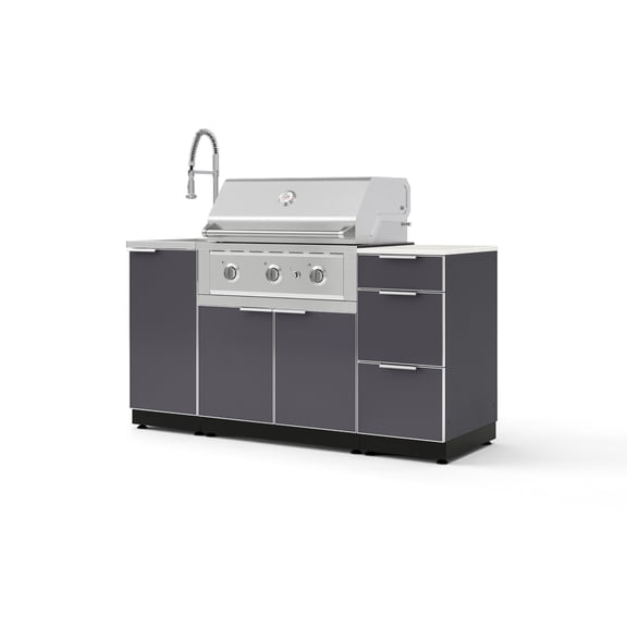 NewAge Products Outdoor Grill Island Aluminum 5 Piece Cabinet Set with Sink, Chrome Faucet, 3 Drawer, Grill Cabinet, Performance Grill and Dekton in Aeris Countertop