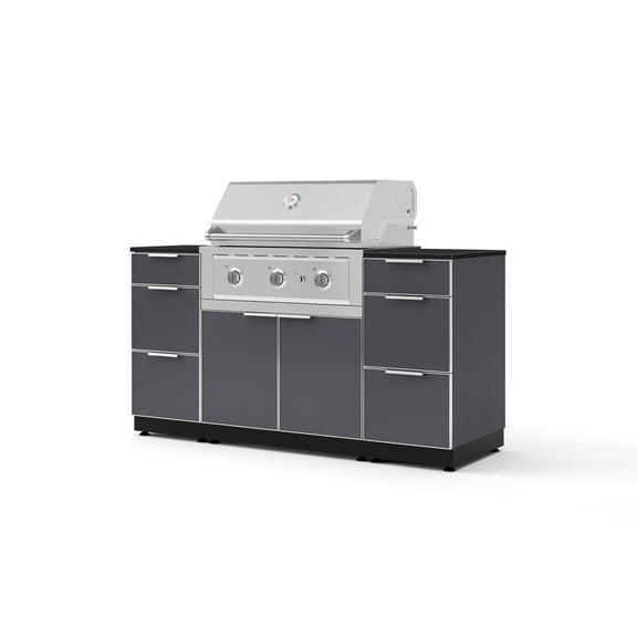 NewAge Products Outdoor Grill Island Aluminum 6 Piece Cabinet Set with 3 Drawers, Grill Cabinet, Performance Grill and Dekton in Sirius Countertops