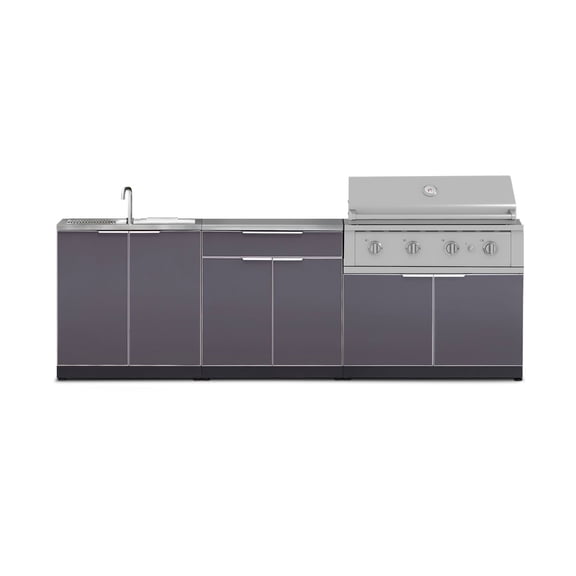 NewAge Products Outdoor Kitchen Aluminum 5 Piece Cabinet Set with Bar, Grill, Sink Cabinet, Performance Grill, and Countertop