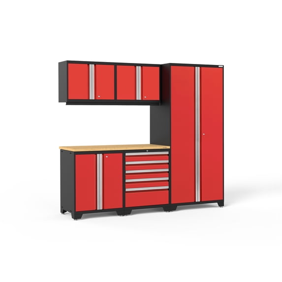 NewAge Products Pro Series Red 6 Piece Cabinet Set, Heavy Duty 18-Gauge Steel Garage Storage System, LED Lights Included