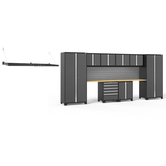 NewAge Products Pro Series Gray 11 Piece Cabinet Set, Heavy Duty 18-Gauge Steel Garage Storage System, Slatwall / Wall Mounted Shelf Included