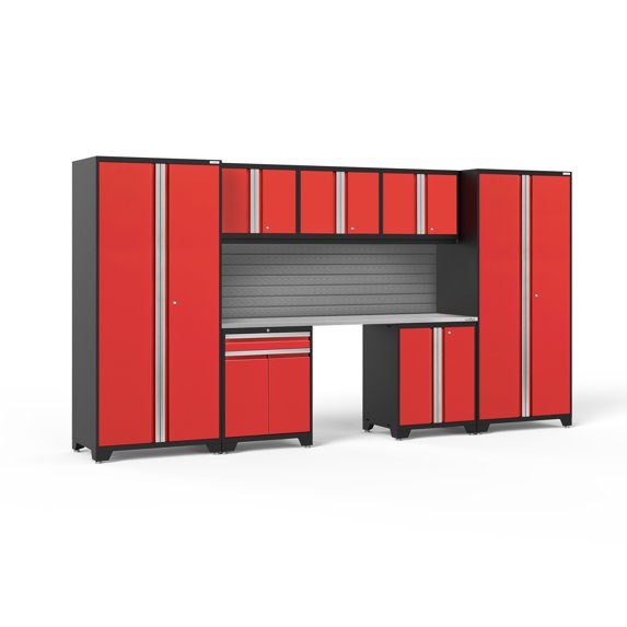 NewAge Products Pro Series Red 8 Piece Cabinet Set, Heavy Duty 18-Gauge Steel Garage Storage System, Slatwall Included