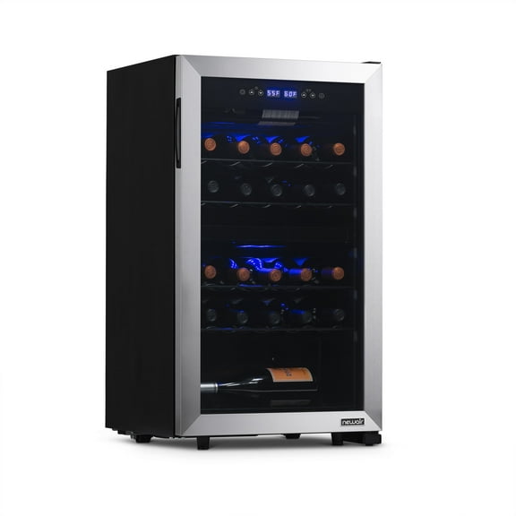 NewairFreestanding 28Bottle Dual Zone CompressorWine Fridgein Stainless Steel, Adjustable Racks and Exterior Digital Thermostat