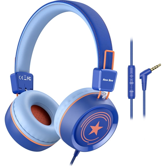 NewBee Kids Headphones with Microphone, HD Stereo, Safe Volume Limit 85dB/94dB, Eco-Friendly, Foldable, Adjustable Headband, 3.5mm Jack for Girls/PC/Mac/Tablet (Blue)