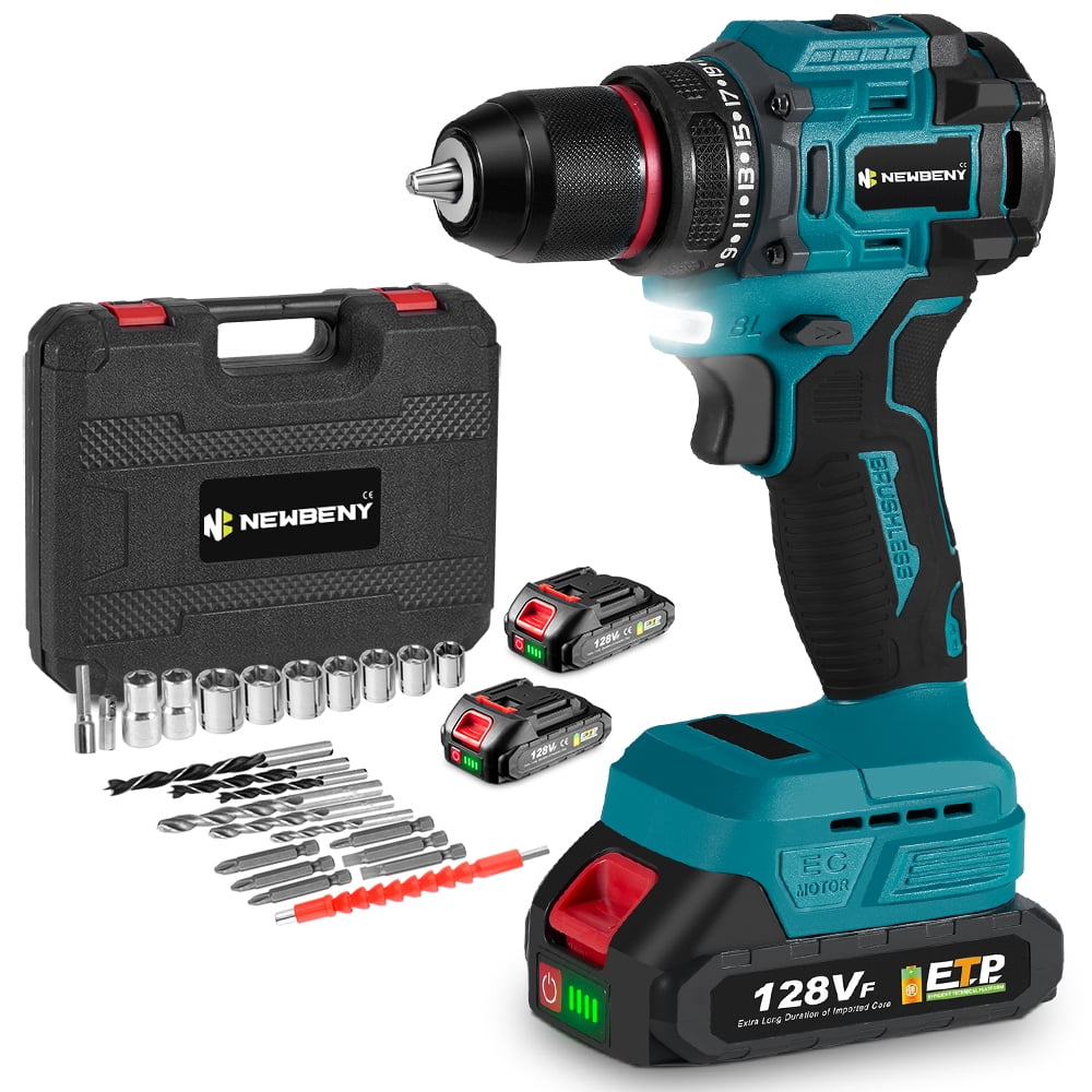 NewBeny Cordless Drill, 3/8 inch Brushless Power Drill Driver Set with 2 Batteries Fast Charger, Built-in LED, Power Drills for Drilling and Tightening/Loosening Screws