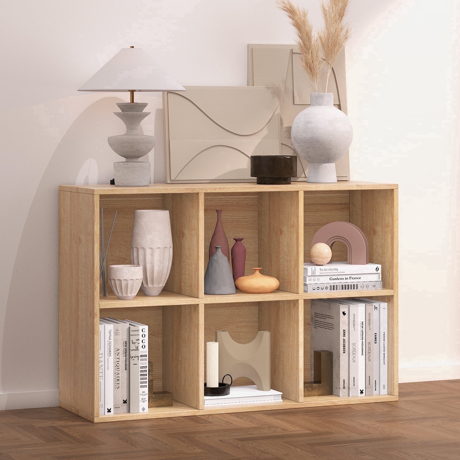 NEWADARA Wooden 6 Cube Storage Organizer with Closed Back Panel,Oak Cube Shelf Heavy Duty Cubby Storage Organizer with Compartments for Living,Display Shelf,Shelf,Bookshelf,Oak for Adults