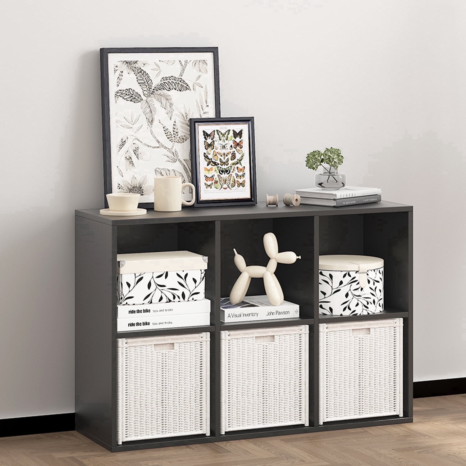 NEWADARA Wooden Black 6 Cube Storage Organizer with Closed Back Panel,Cube Shelf Heavy Duty with Compartments for Living,Display Bookshelf for Adult