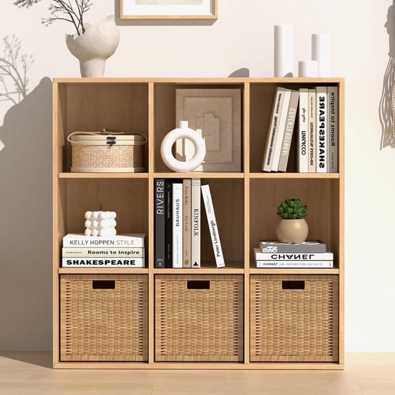 NEWADARA Wooden 9 Cube Storage Organizer with Closed Back Panel,9 Cube Shelf Heavy Duty Cubby Storage Organizer with Compartments for Living,Display Shelf,Bookshelf,Storage Furniture (Oak, 9-Cube)