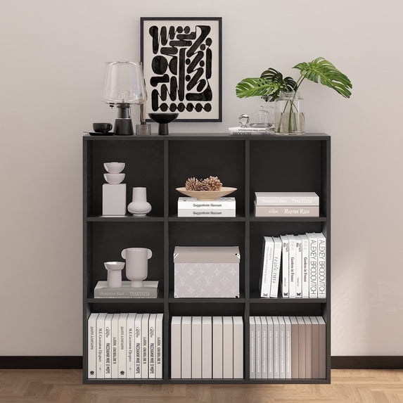 NEWADARA Wooden Black 9 Cube Storage Organizer with Closed Back Panel,Cube Shelf Heavy Duty Cubby with Compartments for Living,Bookshelf for Adult