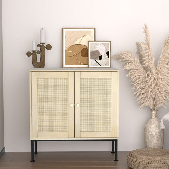 NEWADARA Wooden Buffet Cabinet with Storage, Sideboard Cabinet with Real Rattan Decor Doors, Accent Cabinet with Steel Legs, Hallway Storage Cabinet, Entry, Living Room,Light Wood Grain