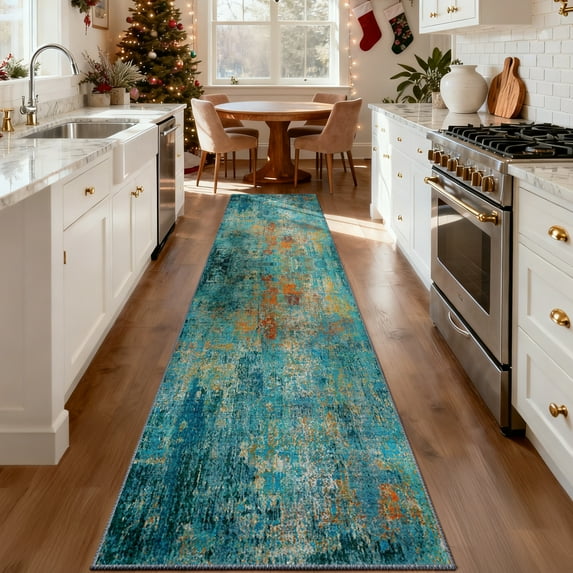 NewBuros 2'x10' Washable Runner Rugs for Hallway, Modern Abstract Low Pile Soft Non-Slip Indoor Runner Rugs for Kitchen Entryway, Dark Black Gold