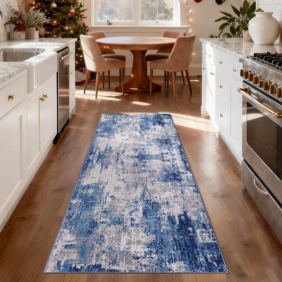NewBuros 2'x6' Washable Runner Rugs for Hallway, Modern Abstract Low Pile Soft Non-Slip Indoor Runner Rugs for Kitchen Entryway, Gray Blue