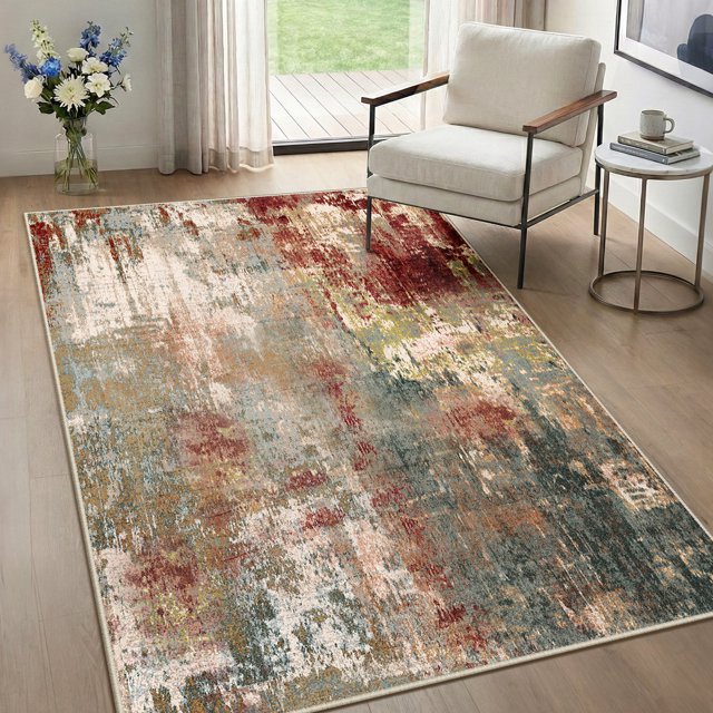 NewBuros Area Rugs 3'x5', Modern Abstract Non-Slip Washable Rugs for Living Room, Soft Low Pile Stain Resistant Indoor Carpet for Bedroom Dining Room Playroom, Red Brown