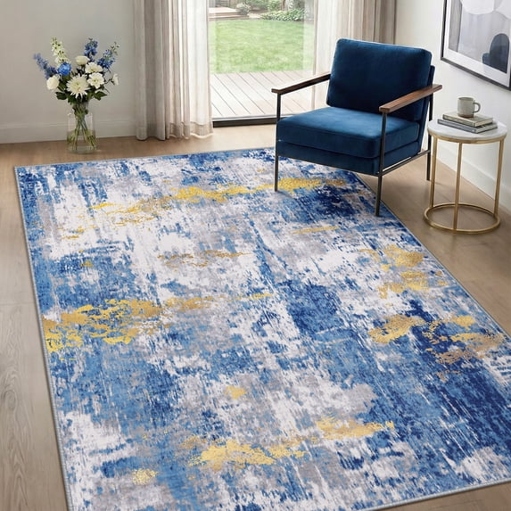 NewBuros Area Rugs 4'x6', Modern Abstract Non-Slip Washable Rugs for Living Room, Soft Low Pile Stain Resistant Indoor Carpet for Bedroom Dining Room Playroom, Blue Gold