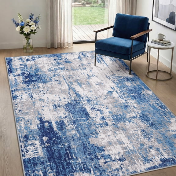NewBuros Area Rugs 4'x6', Modern Abstract Non-Slip Washable Rugs for Living Room, Soft Low Pile Stain Resistant Indoor Carpet for Bedroom Dining Room Playroom, Gray Blue