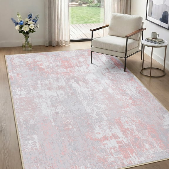 NewBuros Area Rugs 4'x6', Modern Abstract Non-Slip Washable Rugs for Living Room, Soft Low Pile Stain Resistant Indoor Carpet for Bedroom Dining Room Playroom, Gray Pink