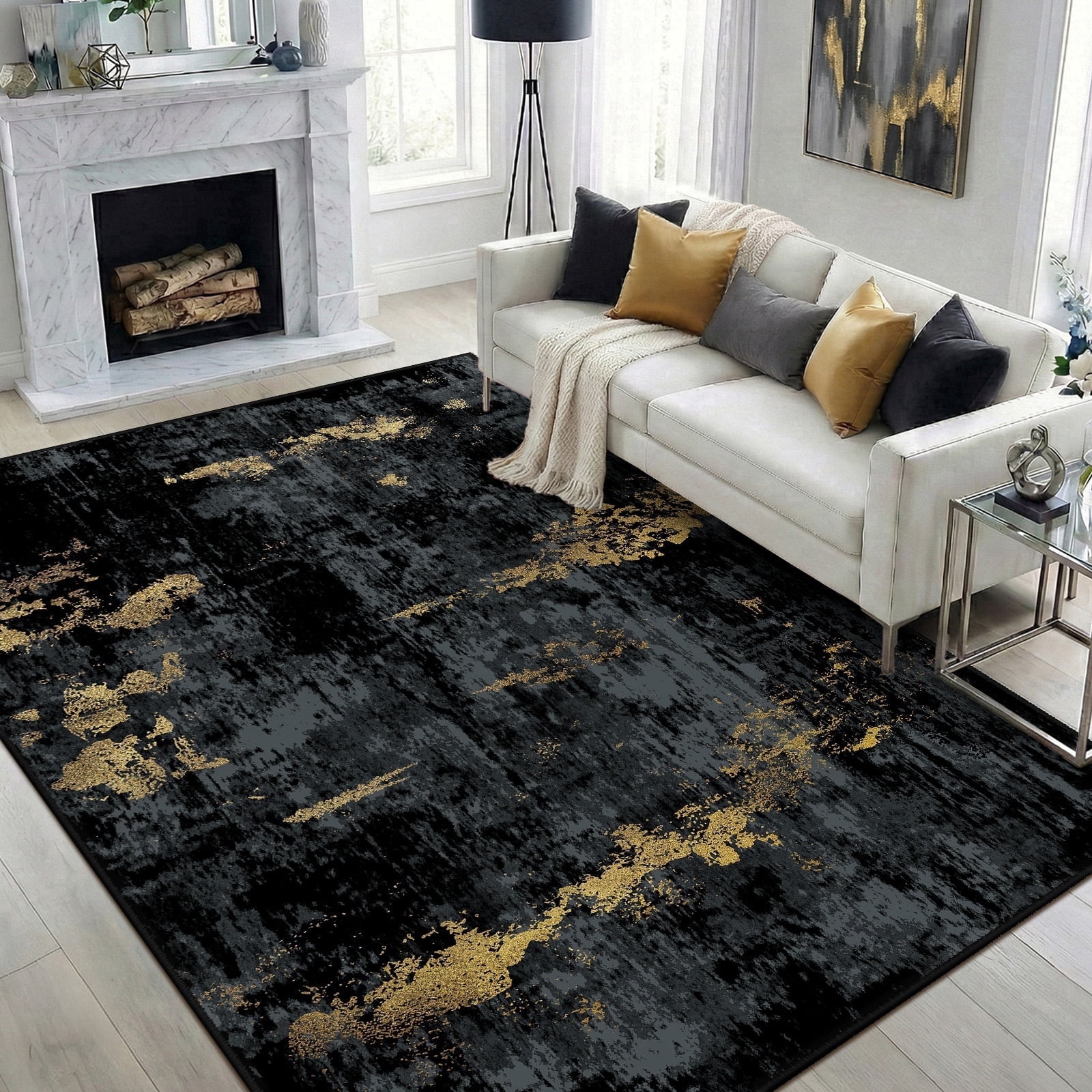 NewBuros Area Rugs 5'x7', Modern Abstract Non-Slip Washable Rugs for Living Room, Soft Low Pile Stain Resistant Indoor Carpet for Bedroom Dining Room Playroom, Dark Black Gold