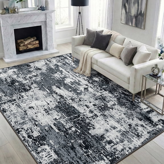 NewBuros Area Rugs 5'x7', Modern Abstract Non-Slip Washable Rugs for Living Room, Soft Low Pile Stain Resistant Indoor Carpet for Bedroom Dining Room Playroom, Black