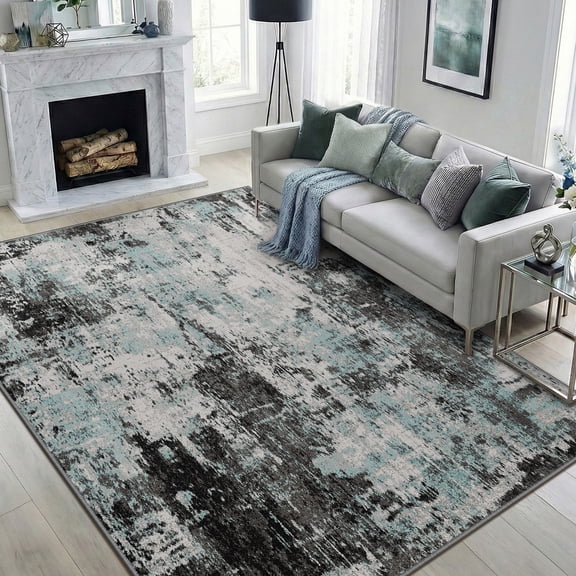 NewBuros Area Rugs 5'x7', Modern Abstract Non-Slip Washable Rugs for Living Room, Soft Low Pile Stain Resistant Indoor Carpet for Bedroom Dining Room Playroom, Blue Black