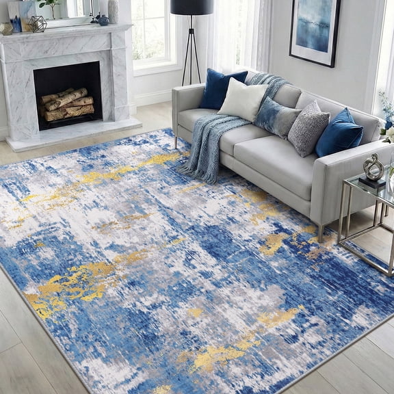 NewBuros Area Rugs 5'x7', Modern Abstract Non-Slip Washable Rugs for Living Room, Soft Low Pile Stain Resistant Indoor Carpet for Bedroom Dining Room Playroom, Blue Gold