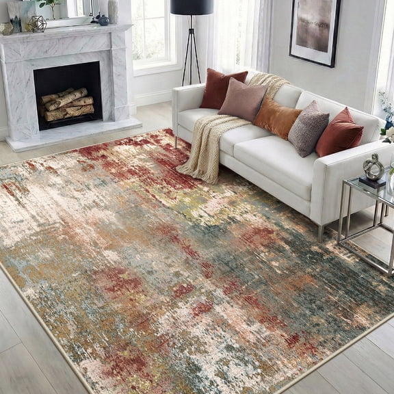 NewBuros Area Rugs 5'x7', Modern Abstract Non-Slip Washable Rugs for Living Room, Soft Low Pile Stain Resistant Indoor Carpet for Bedroom Dining Room Playroom, Red Brown