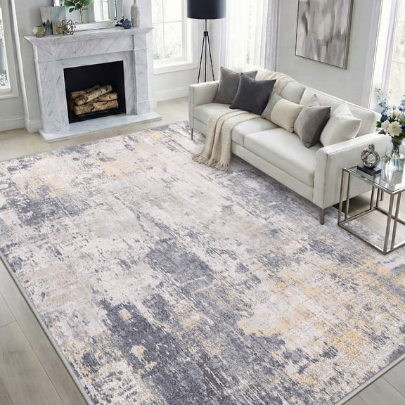 NewBuros Area Rugs 6'x9', Modern Abstract Non-Slip Washable Rugs for Living Room, Soft Low Pile Stain Resistant Indoor Carpet for Bedroom Dining Room Playroom, Gray Yellow